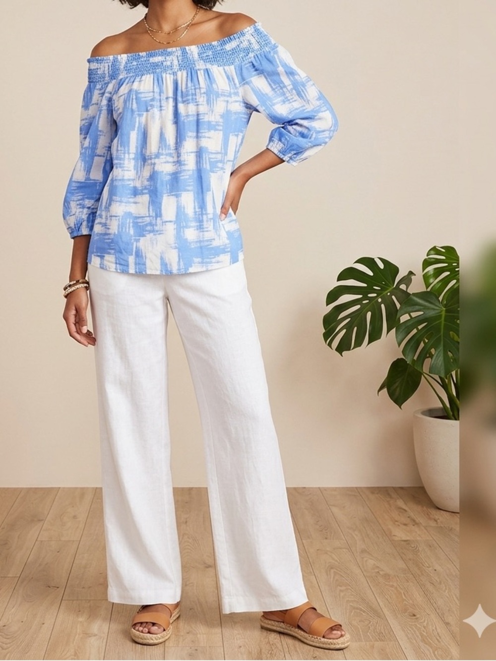 Style & Co Women's Blue White Abstract Brushstroke Off-the-Shoulder Smocked❤️
